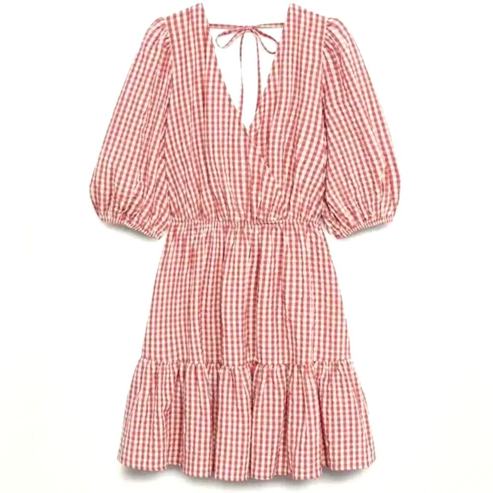 MANGO Vichy Red Gingham Mini Dress with Puff Sleeves & Tiered Skirt size XS